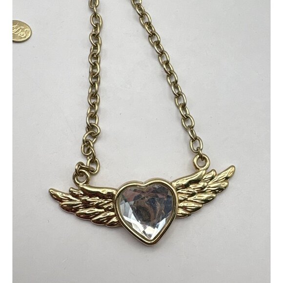 Winged Heart Pendant Necklace Gold Tone Chain with Rhinestone Center DS - Picture 6 of 7
